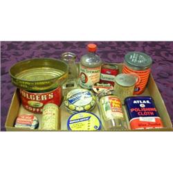 Advertising Tins And Bottles - Custom House Sardines, Folgers, Rawleigh's Ointment, Mrs. Stewarts Bl