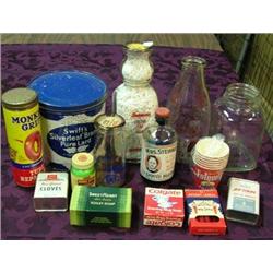 Advertising Tins And Bottles - Swift's Lard Tin, 6 Folger's Tasting Cups, Damascus Milk Bottle, Gold