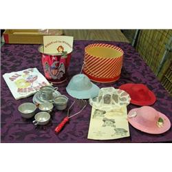 Box Lot Of Toys; Doll Hats In Box, Aluminum Dishes, Ohio Art Pail, Etc.