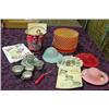 Image 1 : Box Lot Of Toys; Doll Hats In Box, Aluminum Dishes, Ohio Art Pail, Etc.