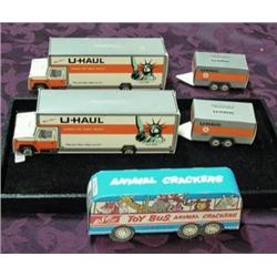 Advertising Banks - 2 Cardboard U Haul Trucks With Trailers And '64 Cardboard Animal Crackers Bus