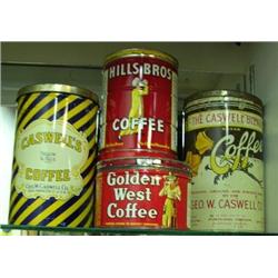 5 Advertising Tins - 2, 3lb Caswell Coffee, 1lb Golden West, 2lb Hills Bros., And Hickory Pipe Tobac