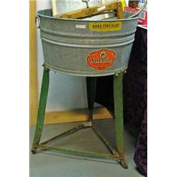 Galvanized Wash Tub On Stand With Labels " Wheeling Co." & " Dura-zinc-alloe"
