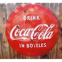 Advertising Sign; 36 Inch Drink Coca Cola In Bottles Button Sign, Metal With Curved Sides