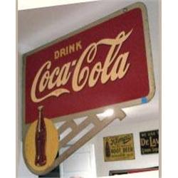 Advertising Sign; Drink Coca Cola Double Sided Metal Flange With Bottle In Spotlight, 24 X 20 1/2