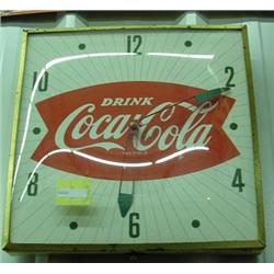 Advertising Clock; Drink Coca Cola In A, Fishtail With Convex Glass; Electric, Metal, 15 1/4 Square
