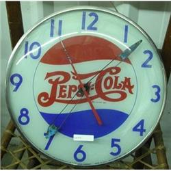 Advertising Clock; Pepsi Cola In Script, Lighted With Convex Glass, 15 1/2 Diameter