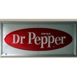 Advertising Sign; Drink Dr. Pepper In Red Oval On Silver Background, Metal 12 X 27
