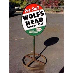 Advertising Sign; We Sell Wolf's Head Motor Oil, Lollipop Style, Metal Double