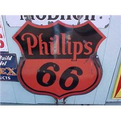 Advertising Sign; Phillips 66 - Porcelain Double Sided Shield Shape, 29 X 30, Set In Frame For Post.