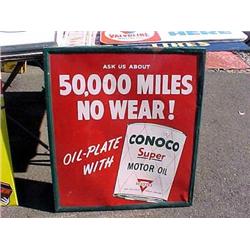 Advertising Sign; Conoco Super Motor Oil, 50,000 Miles No Wear! - Metal Self Framing 34 X 38 1/2