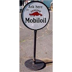Advertising Sign; Ask Here For Gargoyle Mobiloil - Lollipop Style, Porcelain Double Sided With Iron 