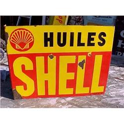 Advertising Sign; Huiles Shell - Porcelain Double Sided Flange, 18 X 23