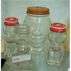 Lucky Joe Advertising Bank By Nash Mustard And 3 Glass Dog Bath Bubble Containers (1 Is Missing Lid)