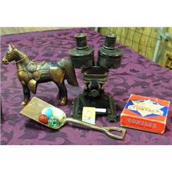 Collectibles: Old Bausch & Lombe Microscope, Metal Carnival Horse, 4 Shooter Marbles, & Sand Shovel