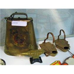 Collectibles; Old Cow Bell, Miniature Anvil Marked Purdue, & 2 Undetermined Metal Items Marked Ahea 