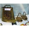 Image 1 : Collectibles; Old Cow Bell, Miniature Anvil Marked Purdue, & 2 Undetermined Metal Items Marked Ahea 