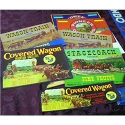 Lot Of 8 Western Fruit Labels; Covered Wagon, Pioneer Orchard, Wagon Train, & Stagecoach