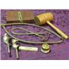 Image 1 : Lot Of Primitives And Tools - Iron Pot Hook, Ice Tongs, Wooden Mallet, Etc.