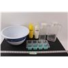 Image 1 : (2) Clear Glass Juice Jugs, Popcorn Bowl, Ice Cube Tray, Mustard & Mayo Bottles