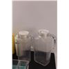 Image 2 : (2) Clear Glass Juice Jugs, Popcorn Bowl, Ice Cube Tray, Mustard & Mayo Bottles