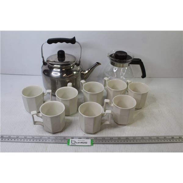 (8) Piece Cup Set - Glass Coffee Pot - Vintage Metal Water Kettle