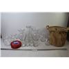Image 1 : (7) Glass Vases - (8) Glasses - Vegas Nut Tin - Cloth Basket