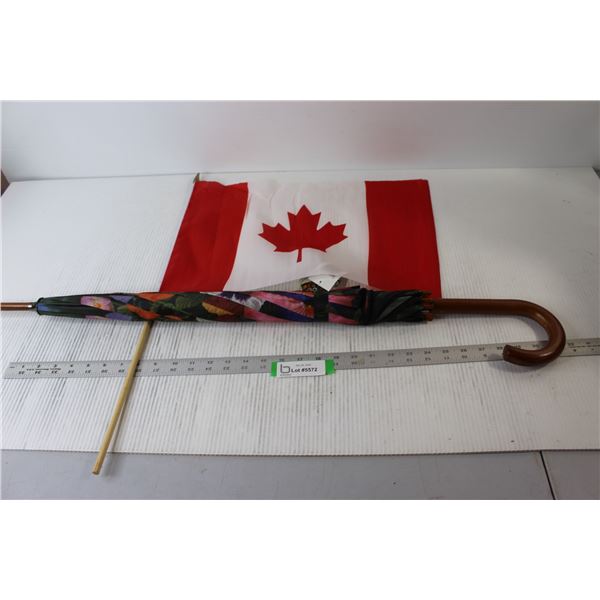 Umbrella, 48  Canopy, Floral Motif From Butchart Gardens, New; Canadian Flag on a Stick