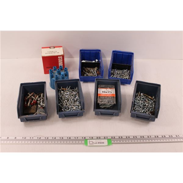 (6) Stackable Hardware Bins w/Bolts, Screws & A Used Distributor Cap