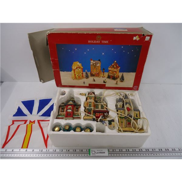 Holiday Time 11 pc. Porcelain Village Set and small Flag