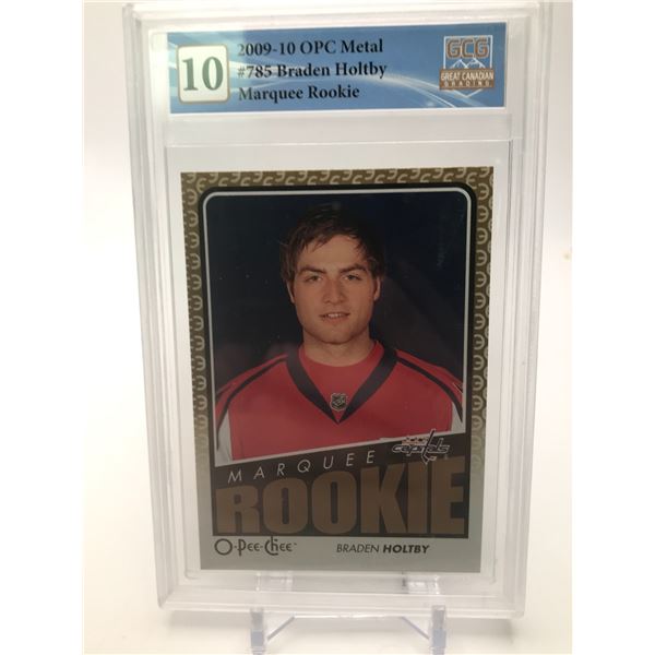 2009-10 O-PEE-CHEE METAL NO.785 BRADEN HOLTBY MARQUEE ROOKIE GCG GRADED 10