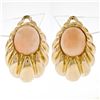 Image 2 : Large 14K Yellow Gold Oval Angel Skin Coral Fluted Grooved Ribbed Omega Earrings