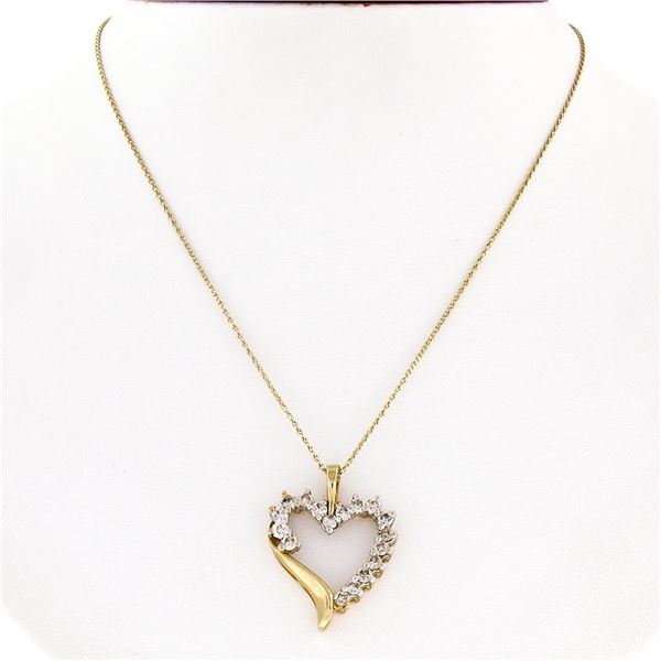 10k Yellow Gold 16" .60 ctw Round Prong Set Diamond Open Heart Pendant Necklace