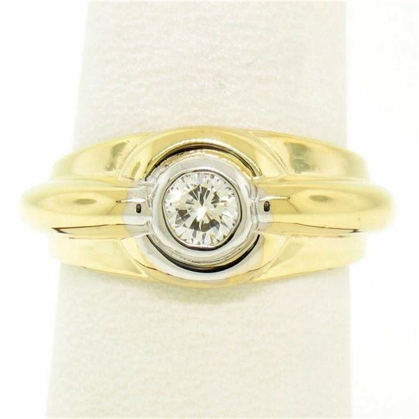 Men's 14k Yellow and White Gold 0.40 ctw Bezel Round Diamond Solitaire Band Ring