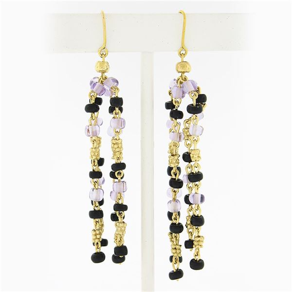 Vintage 18k Gold 4 Strand Amethyst Black Onyx Rondelle Bead Drop Dangle Earrings