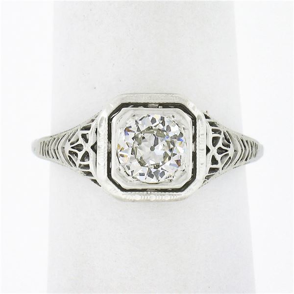 Antique Art Deco 18k Gold European Diamond Solitaire w/ Filigree Engagement Ring