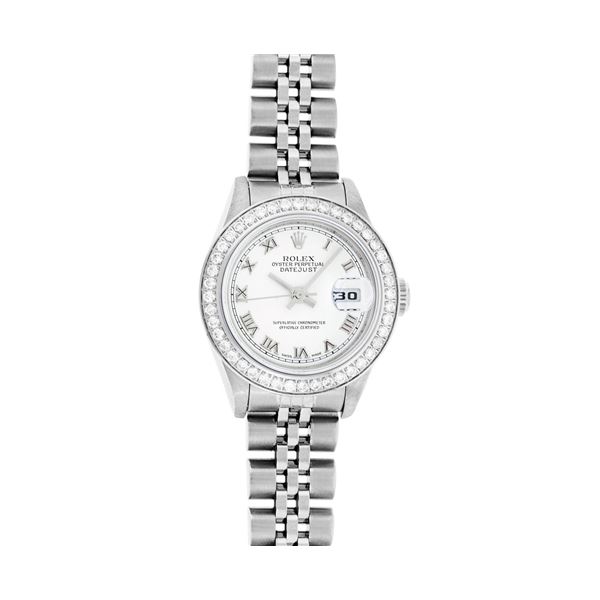 Rolex Ladies Quickset Stainless Steel White Roman Stainless Steel Diamond Bezel