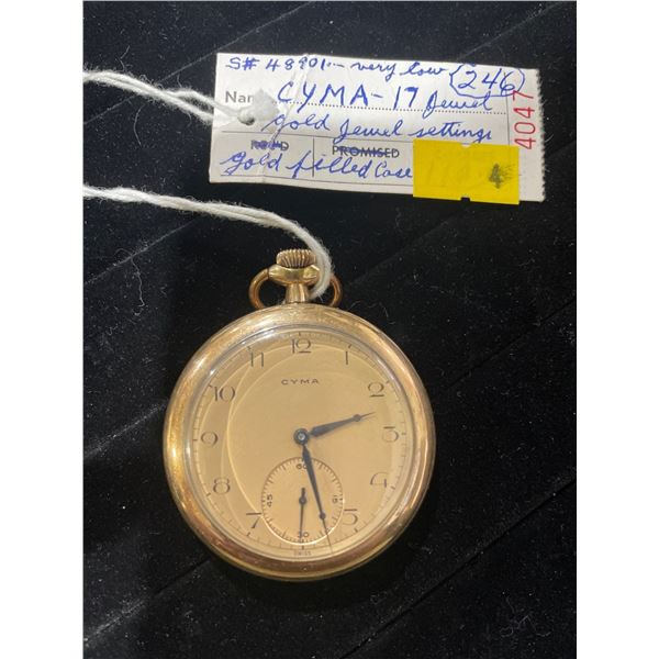 CYMA - 17 Jewel Gold Jewel Settings Gold Filled Case S# 48901 Size 10 Swiss Made Pocket Watch