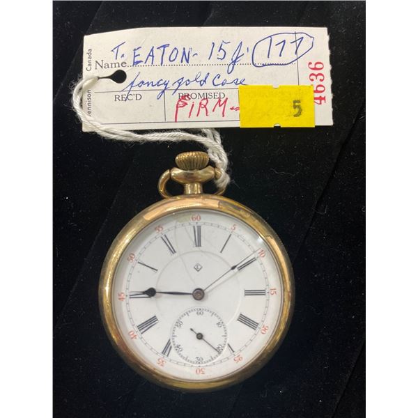 T.Eaton 15 Jewel Gold Case Pocket Watch S# 421994 Size 16