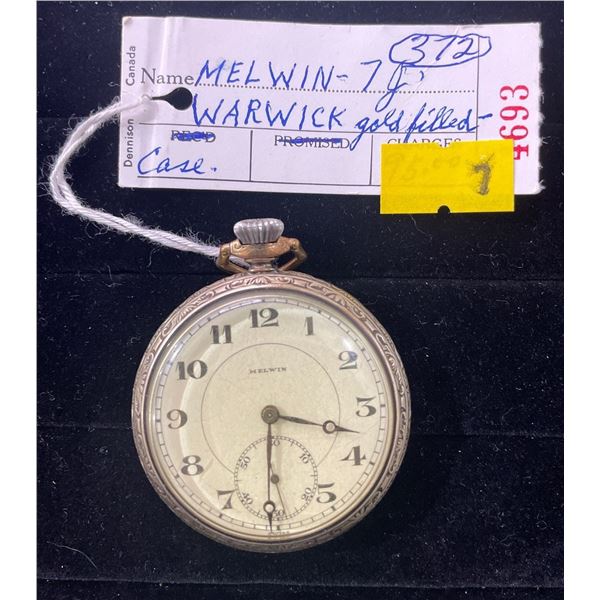 Melwin Antique Pocket Watch 7 Jewel Warwick Gold Filled Case Size 10 Swiss Made