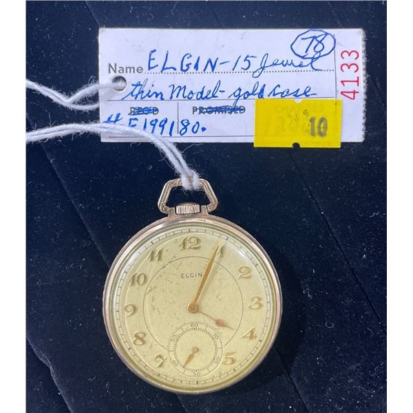 Elgin 15 Jewel Antique Pocket Watch Thin Model Gold Case S# E199180