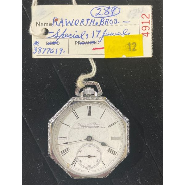 Raworth Bros Special 17 Jewel Antique Pocket Watch S# 3877619 New Nickel Silver Octagonal Case