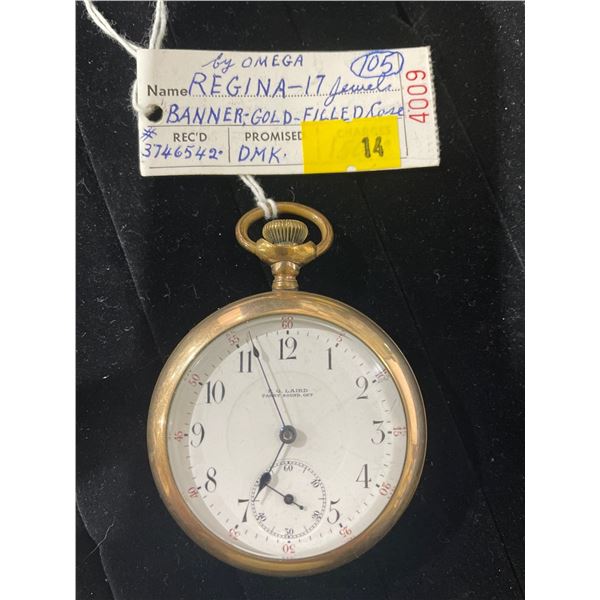 Regina By Omega 17 Jewels Banner Gold Filled Case S# 3746542 Size 18 Antique Pocket Watch