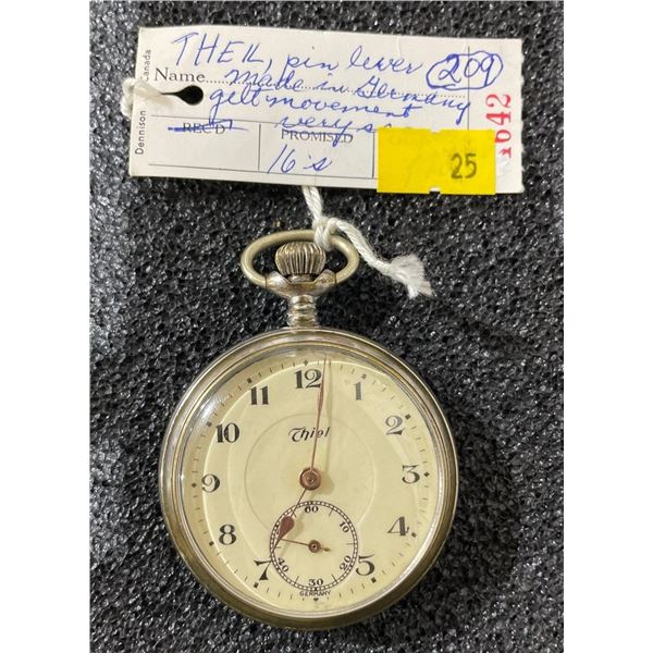 THEIL Antique Pocket Watch Pin Lever Made In Germany Gilt Movement Size 16