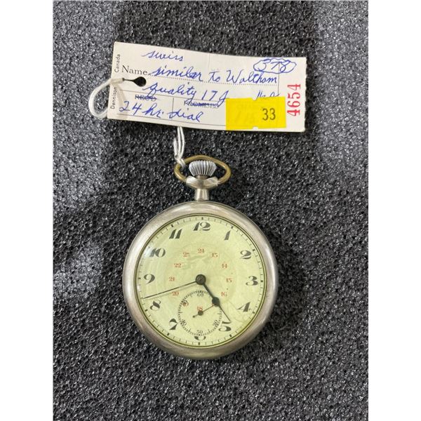 Swiss Movement Similar to Waltham 17 Jewel 24H Dial Antique Pocket Watch