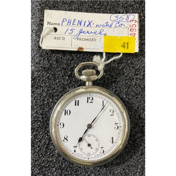 Phenix Watch Co. 15 Jewel Size 16 Antique Pocket Watch Swiss Made Nickel Silver Case Back