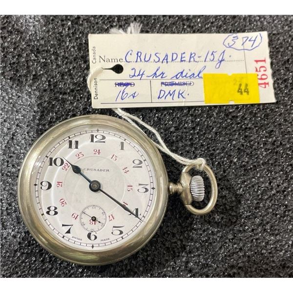Crusader 15 Jewel 24H Dial DMK Movement Size 16 Antique Pocket Watch