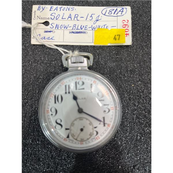 Solar 15 Jewel Swiss Made Movement Bold Number and Hands Size 18  Antique Pocket Watch