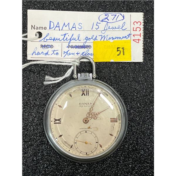 Damas 15 Jewel Gold Movement Thin Model Size 14 Antique Pocket Watch