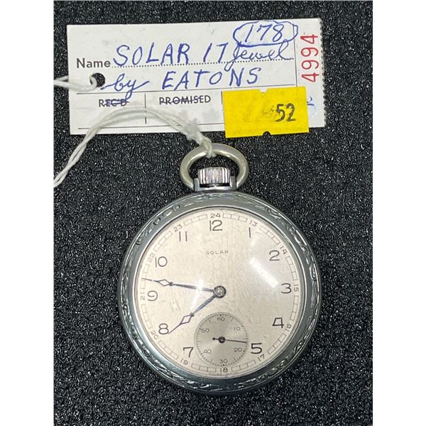 Solar by Eastons 17 Jewel Swiss Made Movement Nickel Silver Case Size 16 Antique Pocket Watch